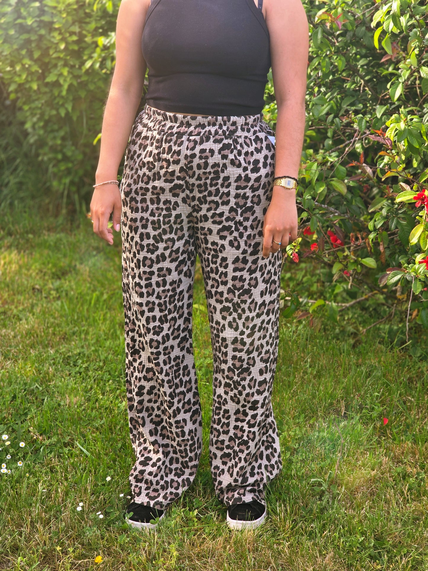 Pantalon gaze de coton lĂ©opard đ